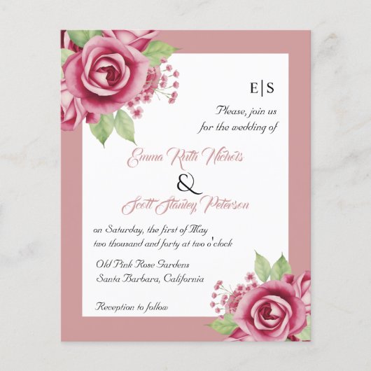 Papier BUDGET Dusty rose roses code QR faire-part de mari (Devant)