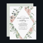 Papier Budget Dusty Sweet sixteen rose fête d'anniversair<br><div class="desc">Budget Dusty rose Floral Roses et Eucalyptus Botanical Greenery Aquarelle Printemps ou Sweet sixteen d'été Invitations fête d'anniversaire - comprend belle et élégante typographie script avec des fleurs tropicales modernes et la verdure pour la fête spéciale doux 16.</div>