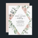 Papier Budget Dusty Sweet sixteen rose fête d'anniversair<br><div class="desc">Budget Dusty rose Floral Roses et Eucalyptus Botanical Greenery Aquarelle Printemps ou Sweet sixteen d'été Invitations fête d'anniversaire - comprend belle et élégante typographie script avec des fleurs tropicales modernes et la verdure pour la fête spéciale doux 16.</div>