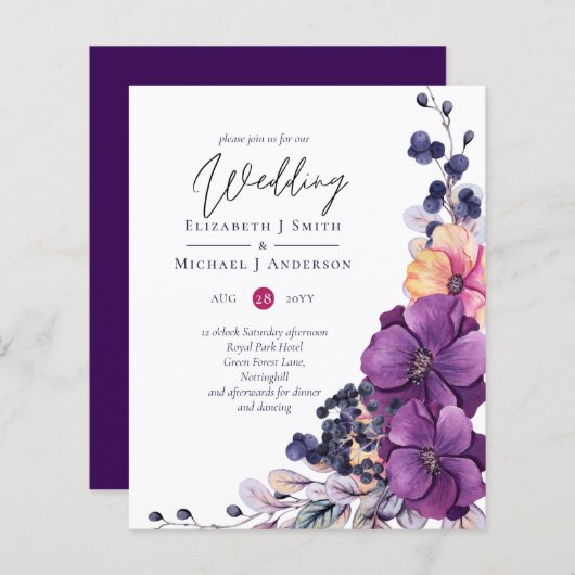 Papier BUDGET Dynastie violette foncé mariage floral invi (Devant / Derrière)