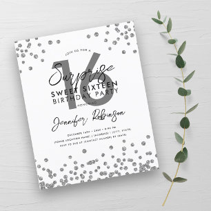 Papier Budget Élégant Argent Confetti Sweet 16 Invitation