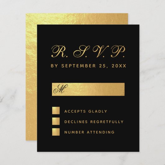 Papier Budget Elégant Black Faux Gold Script Wedding RSVP (Devant / Derrière)