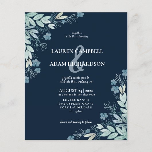 Papier Budget Élégant Bleu Foliage Faire-part de mariage (Devant)