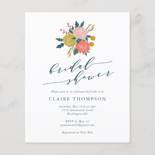 Papier Budget Elegant Boho Floral Fête des mariées simple (Devant)
