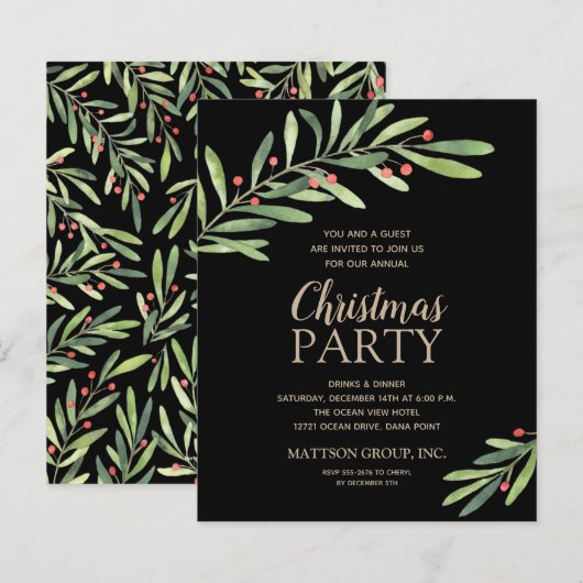 Papier Budget Élégant de la verdure Noël Invitation noire (Devant / Derrière)