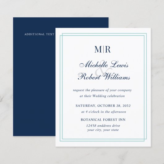 Papier BUDGET Élégant Double Monogramme Mariage Bleu Vert (Devant / Derrière)