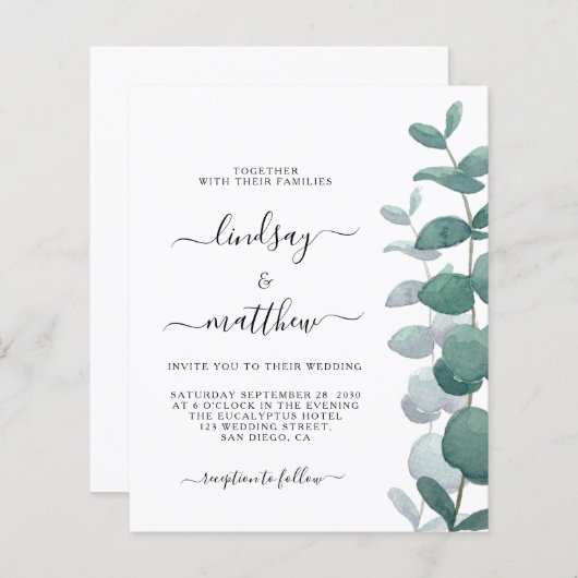 Papier Budget Elegant Eucalyptus Faire-part de mariage (Devant / Derrière)