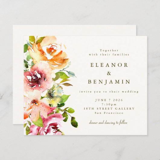 Papier Budget Élégant Faire-part de mariage Floral Bourgo (Devant / Derrière)