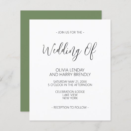 Papier Budget Élégant Faire-part de mariage vert olive (Devant / Derrière)