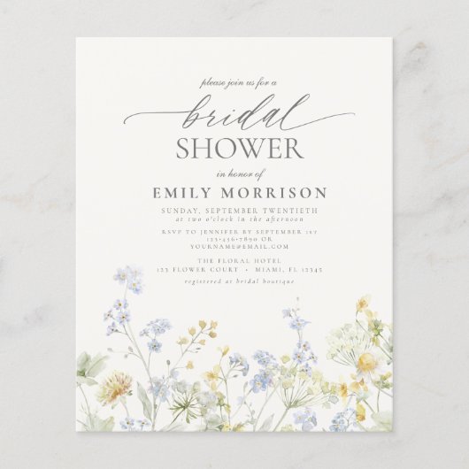 Papier Budget Élégant Fleur sauvage Invitation à la douch (Devant)