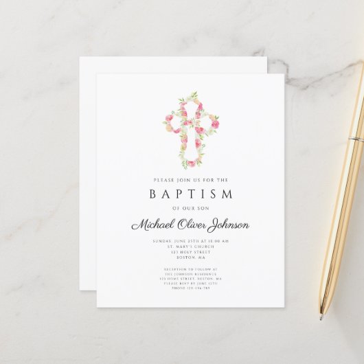 Papier Budget Élégant Floral Pink Cross Baptism Invitatio (Devant/Arrière en situation)