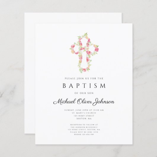Papier Budget Élégant Floral Pink Cross Baptism Invitatio (Devant / Derrière)