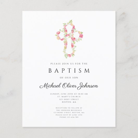 Papier Budget Élégant Floral Pink Cross Baptism Invitatio (Devant)