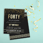 Papier Budget Elegant Gold Confetti 40e fête d'anniversai<br><div class="desc">Cette invitation formelle, élégante, branchée et moderne à la fête du quarantième anniversaire convient aux hommes ou aux femmes. Il comprend des lignes dorées propres, un script gothique coque supérieur élégant et un texte fixe imitation feuille d'or sophistiqué sur un arrière - plan noir avec des douches de confettis dorés...</div>