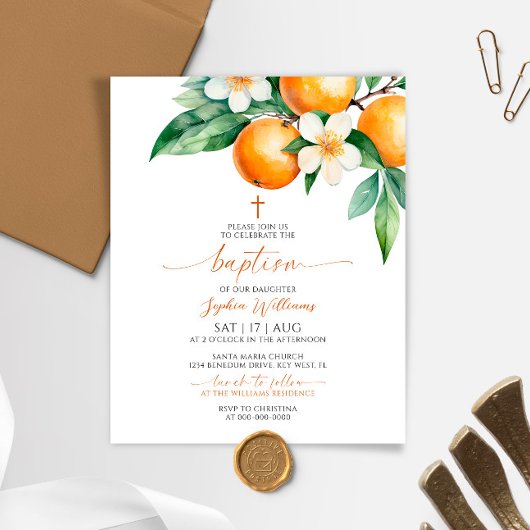 Papier Budget Elégant Orange Floral Baptism Invitation