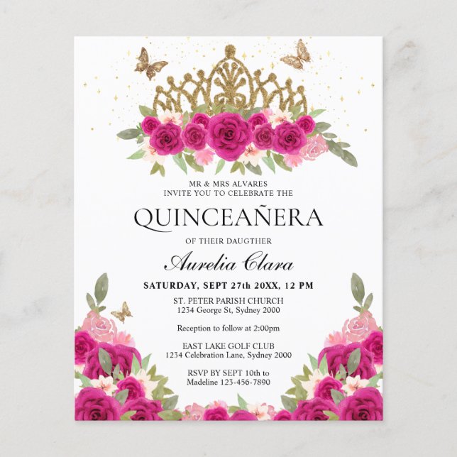 Papier BUDGET Élégant rose Floral Or Tiara Quinceanera (Devant)