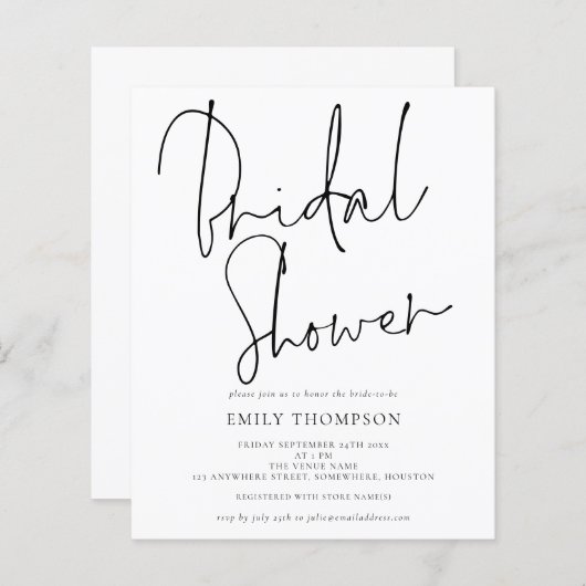 Papier Budget Élégant Script Bridal Shower Invitation (Devant / Derrière)