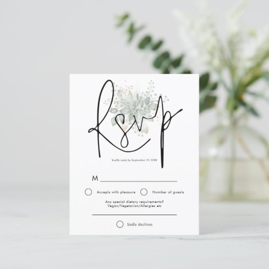 Papier Budget Élégant Script Sage Gold Foliage RSVP (Debout devant)