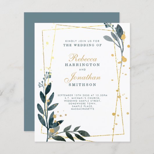 Papier Budget Élégant Verdure Or Mariage Invitation papie (Devant / Derrière)