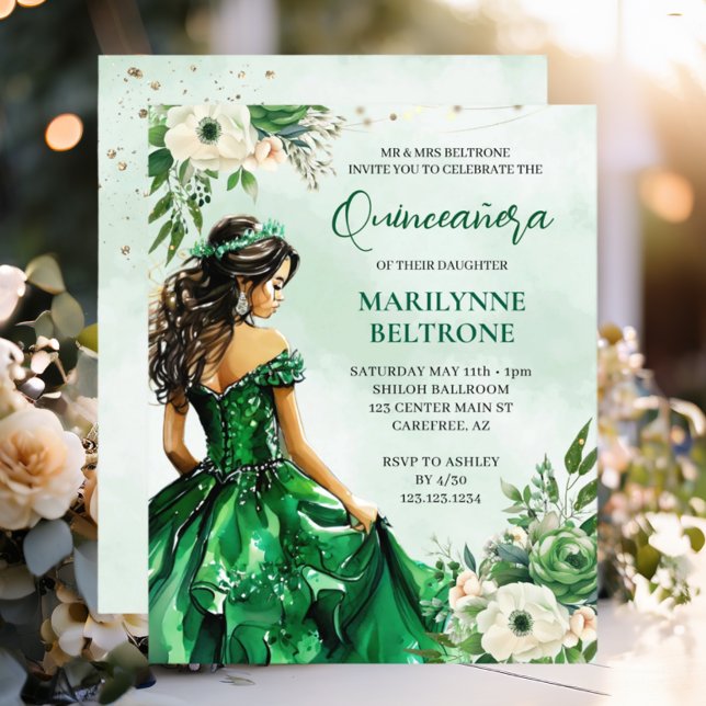 Papier Budget Elégant Vert Floral Princesse Quinceañera (Créateur téléchargé)
