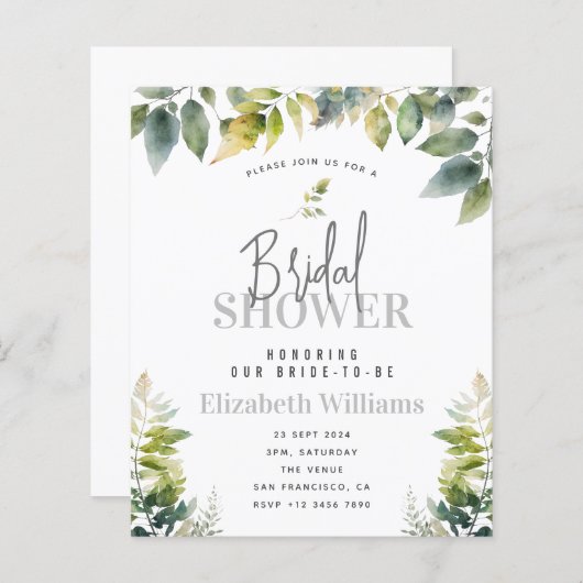 Papier BUDGET Élégante verdure Invitation de douche nupti (Devant / Derrière)