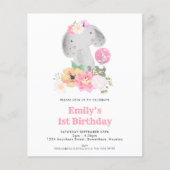 Papier Budget Elephant 1er anniversaire Pink Party Invita (Devant)