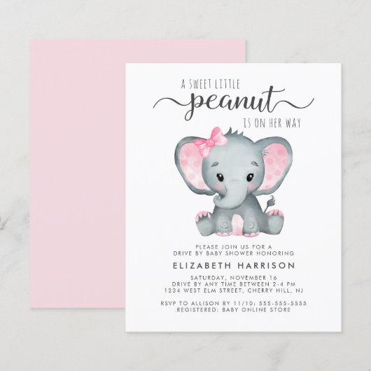 Papier Budget Elephant Baby Girl Drive Par Douche Invitat (Devant / Derrière)