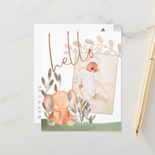Papier Budget Elephant Baby Photo Faire-part de naissance (Devant/Arrière en situation)