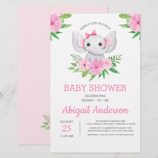 Papier BUDGET Elephant Baby shower Floral Invitation (Devant / Derrière)