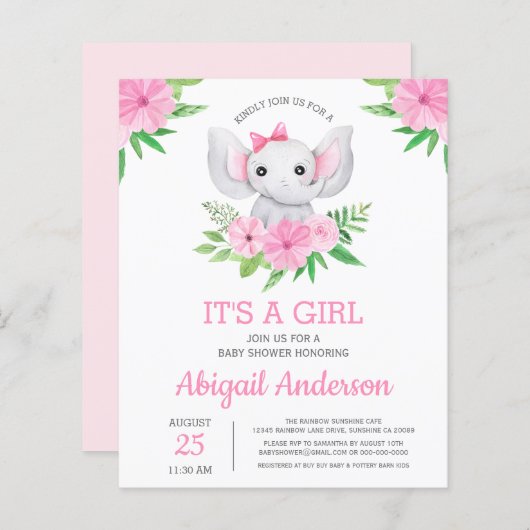 Papier BUDGET Elephant Baby shower Girly Invitation (Devant / Derrière)
