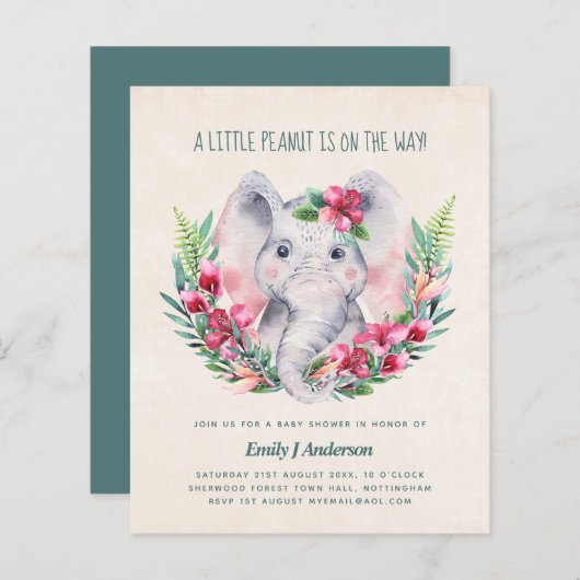 Papier BUDGET Elephant Baby shower Invitation Safari (Devant / Derrière)