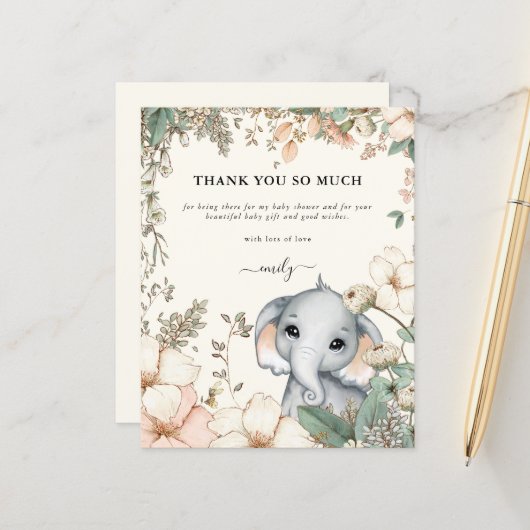 Papier Budget Elephant Floral Crème Baby shower Merci (Devant/Arrière en situation)