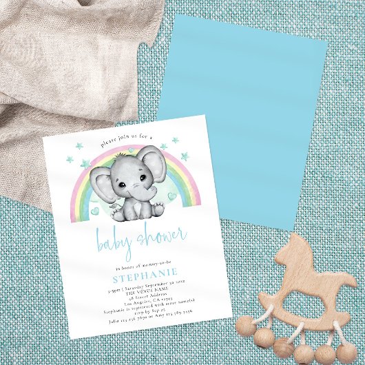 Papier Budget Elephant Rainbow Blue Baby shower Invitatio