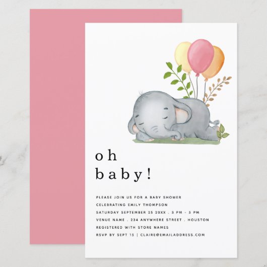 Papier BUDGET Elephant rose fille Baby shower Invitation (Devant / Derrière)