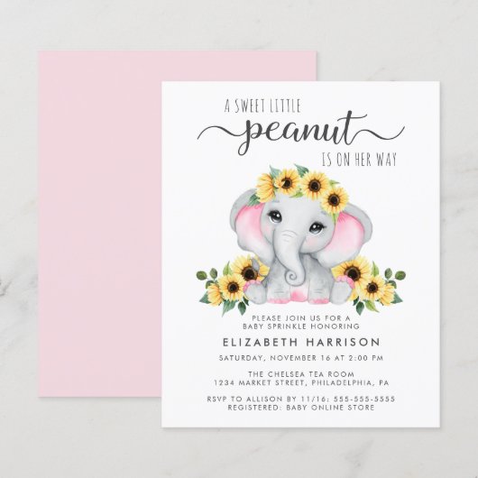 Papier Budget Elephant Sunflower Baby Girl Sprinkl (Devant / Derrière)