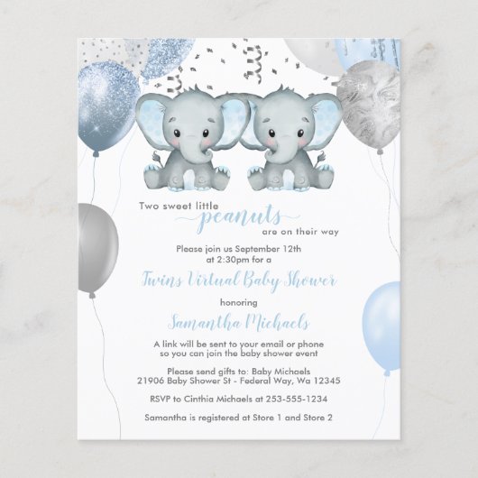 Papier Budget Elephant Twin Boys Baby shower virtuel (Devant)