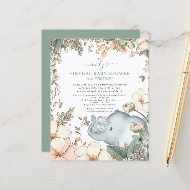 Papier Budget Elephant Twins Baby shower virtuel Invitati (Devant/Arrière en situation)