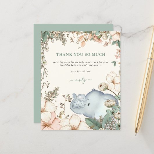 Papier Budget Elephant Twins Sage Baby shower Merci (Devant/Arrière en situation)