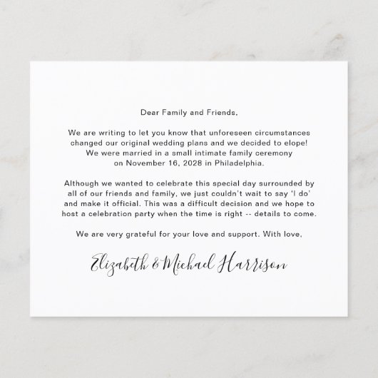 Papier Budget Elopement Maintenant Parti Plus tard Photo (Dos)