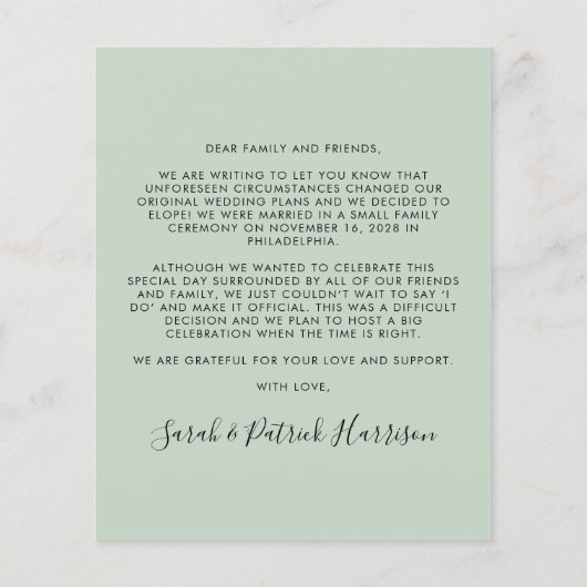 Papier Budget Elopement Photo Sage Mariage Faire-part (Dos)