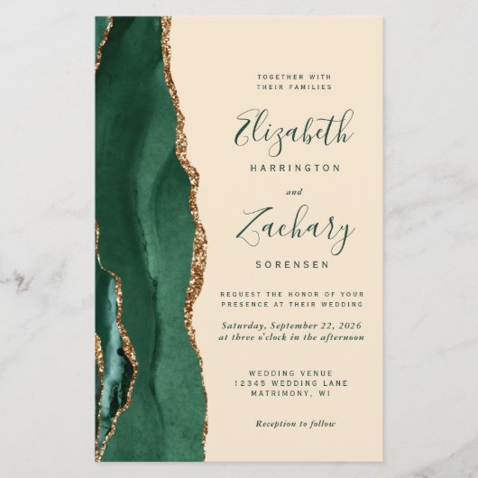 Papier Budget Emerald Agate Champagne QR Code Wedding (Devant)