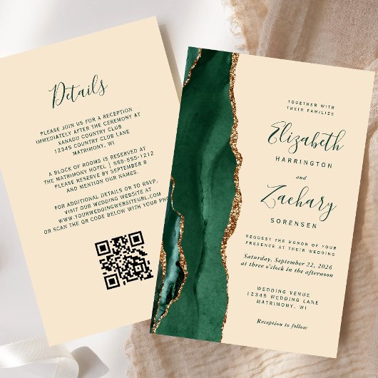Papier Budget Emerald Agate Champagne QR Code Wedding