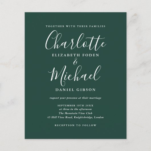 Papier Budget Emerald Faire-part de mariage de script ver (Devant)