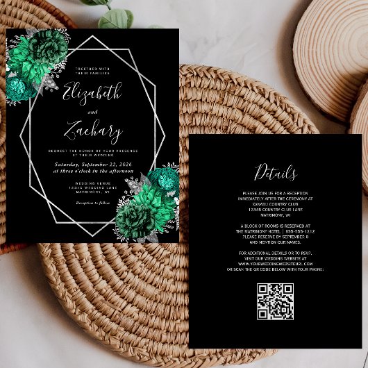 Papier Budget Emerald Floral Argent Noir QR Code Mariage