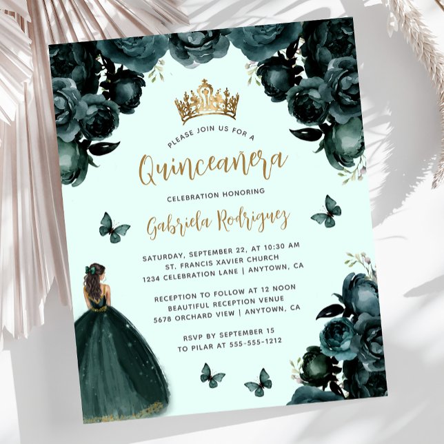 Papier Budget Emerald Gold Floral Quinceañera (Créateur téléchargé)