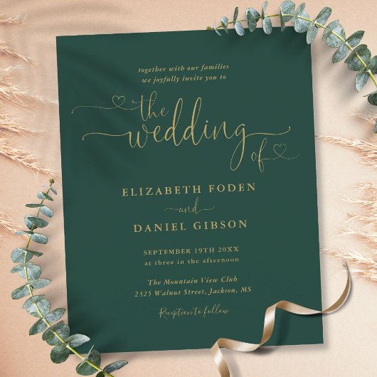 Papier Budget Emerald Gold Hearts Script Wedding Invite