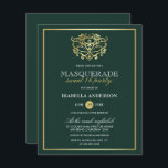 Papier Budget Emerald & Gold Masquerade Sweet 16 Party<br><div class="desc">Budget Emerald & Gold Masquerade Sweet 16 Invitations de fête. Doté d'un faux masque en feuille d'or au sommet contre un arrière - plan vert émeraude. Parfait pour une fête de 16 ans moderne et classe !</div>