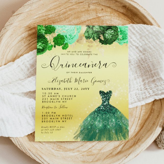 Papier Budget Emerald Gold Robe Florale Quinceanera (Budget Emerald Green Gold Dress Floral Quinceanera Birthday Invitation)
