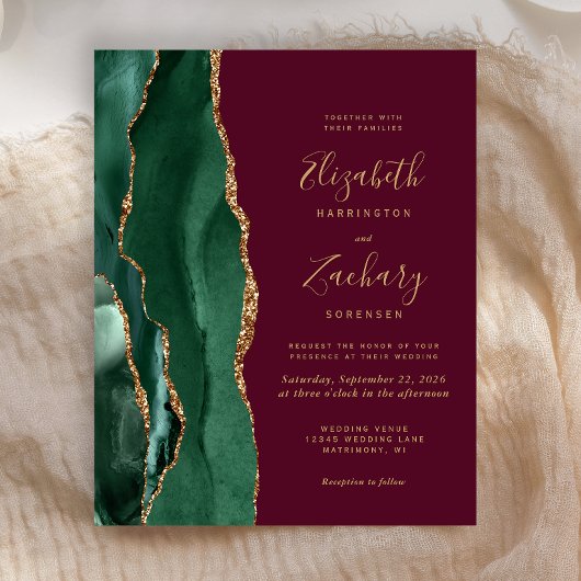 Papier Budget Emerald Green Agate Bourgogne Mariage Invit