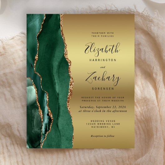 Papier Budget Emerald Green Agate Gold Wedding Invitation